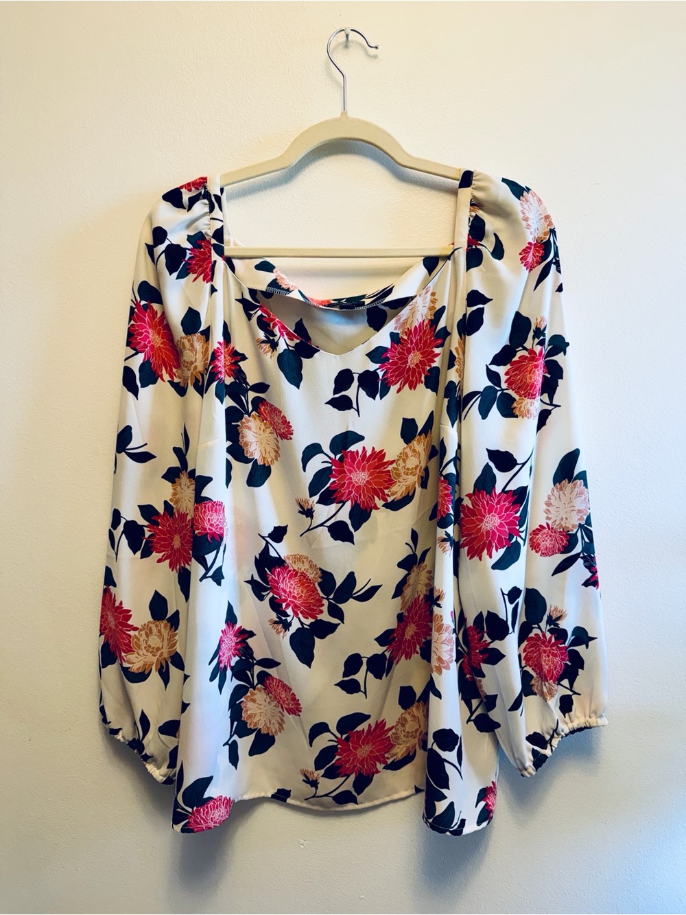Ann Taylor Floral Cream Blouse with Pink & Green Print